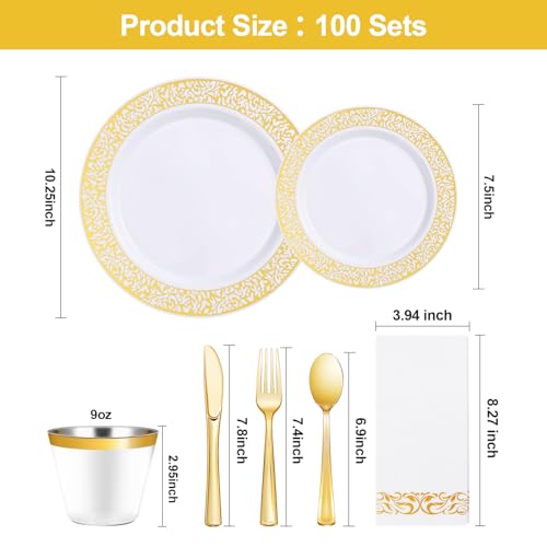 700PCS Gold Plastic Dinnerware Set for 100 Guests, Disposable Plates for Party, Include 100 Gold Dinner Plates, 100 Dessert