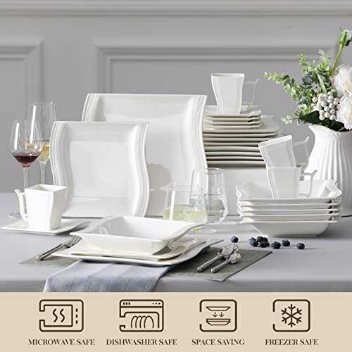 Ivory White Dinnerware Sets, 30-Piece Porcelain Plates and Bowls Sets, Modern Dish Set for 6, Square Plates Dinnerware Set