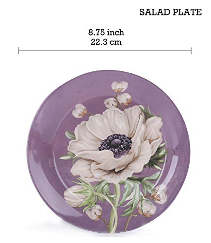 Purple Poppy Ceramic 12 pcs Dinnerware Set, Service for 4, Inclusive of 11 inch Dinner Plates, 8.75 inch Salad Plates and 35oz
