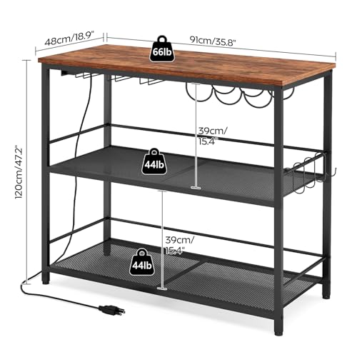 Kitchen Island with Power Outlet, Kitchen Storage Rack with 4 S Hooks, Microwave Stand with Wine Rack, 3-Tier Coffee Station,