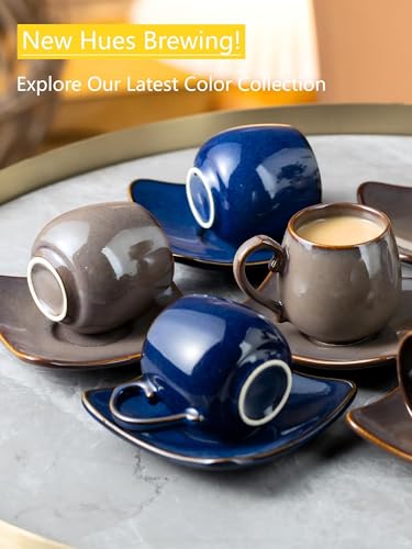 3oz Coffee Espresso Cups with Saucers Set of 6, Ceramic Small Coffee Cups with Holder and Spoons, Cute Demitasse Cups for