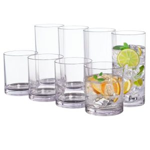 Classic Clear Plastic Reusable Drinking Glasses (Set of 8) 12oz Rocks & 16oz Water Cups | BPA-Free Tumblers, Made in USA |