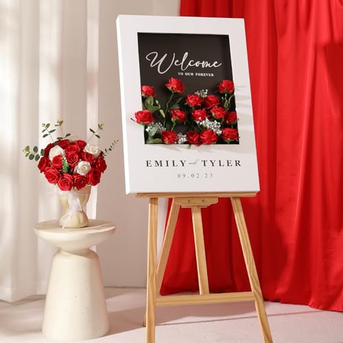 50pcs Red Roses in Bulk, Realistic Long Stem Fake Silk Roses Bouquet for Wedding Centerpiece Table Party Home Kitchen Decor