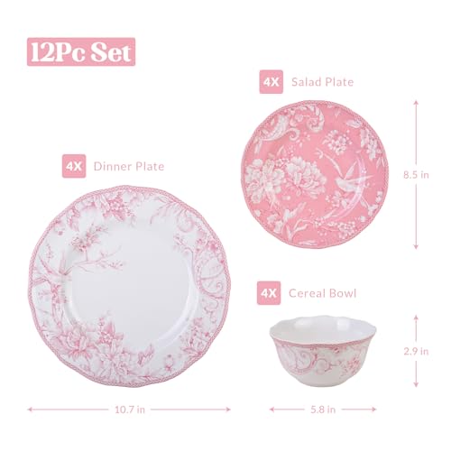 Adelaide Blush 12-Piece Pink Porcelain Dinnerware Set – Service for 4, Plate & Bowl Set, White with Pink Floral Pattern, for