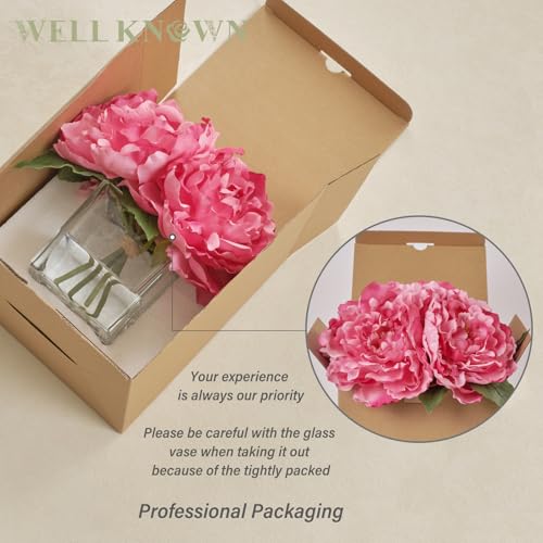Artificial Peonies Flowers Arrangements in Cube Glass Vase, WELLKNOWN Silk Flower Centerpieces for Dining Room Table, Coffee