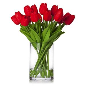 20 Pieces Real Touch Artificial Tulips Flowers in Vase, Fake Red Tulips with Vase and Faux Water for Home Wedding Decoration,