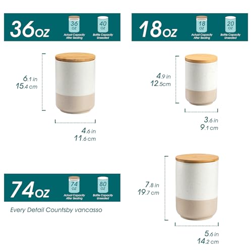 Sabine Ceramic Canister Set with Airtight Wood Lids - 3-Piece Kitchen Storage for Flour, Sugar, Coffee, Tea & Spices - Modern