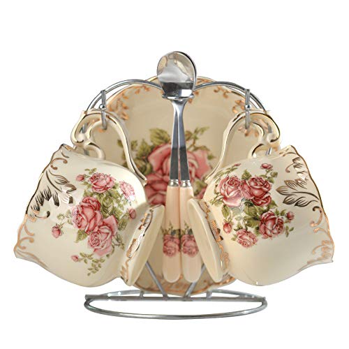 Tea Cups and Saucers Set of 2, Porcelain Floral Tea Cups Set with Holder, Fancy Vintage Teacups 8 oz