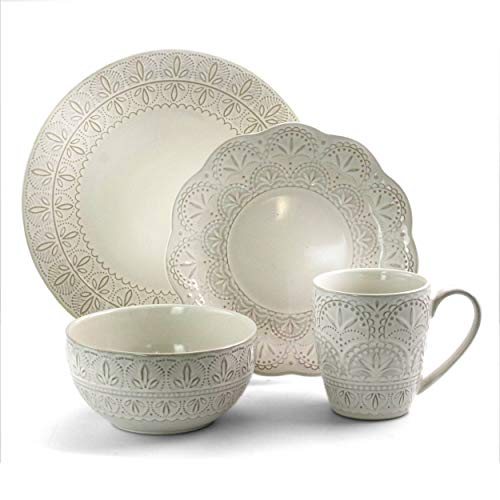 Elegant Round Embossed Stoneware High Class Dinnerware Dish Set, 16 Piece, White