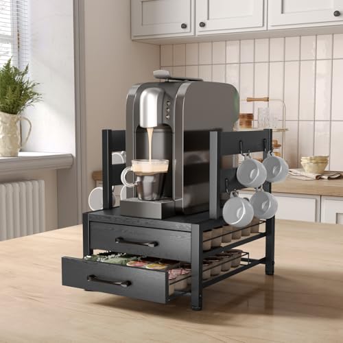 K Cup Holder Drawer - K Cup Storage Organizer, Coffee Pod Drawer with Hooks, Durable Iron-Wood Design, Space-Saving Coffee