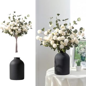 Fake Flowers in Vase for Centerpieces: Metal Vase with 12 Stems of Artificial Kiku Flowers Eucalyptuses Home Table Decor - White