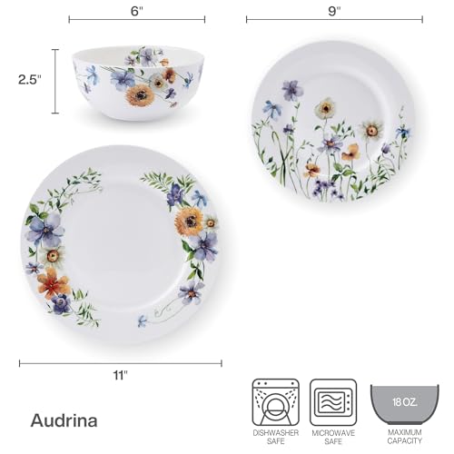 Audrina Water Color Flowers Bone China Lightweight Chip Resistant 12 Piece Dinnerware Set, Service for 4, White