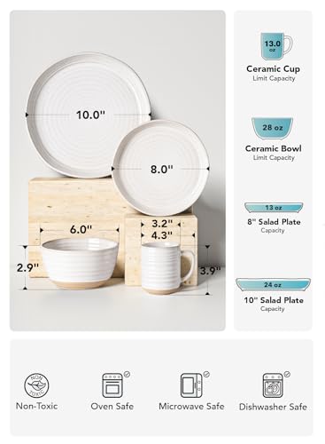 Dinnerware Sets 16 PCS, Stoneware Plates and Bowls Set, House Warming Wedding Present, Serve for 4 (10" Dinner Plates + 8" Salad