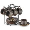 Espresso Cups 4 Oz, Porcelain Coffee Cups Set of 6 Espresso Cup with Saucers, Meatal Stand, and Stir Spoons, Brown Expresso