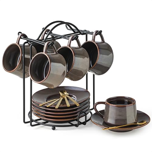 Espresso Cups 4 Oz, Porcelain Coffee Cups Set of 6 Espresso Cup with Saucers, Meatal Stand, and Stir Spoons, Brown Expresso