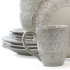 Elegant Round Embossed Stoneware High Class Dinnerware Dish Set, 16 Piece, White