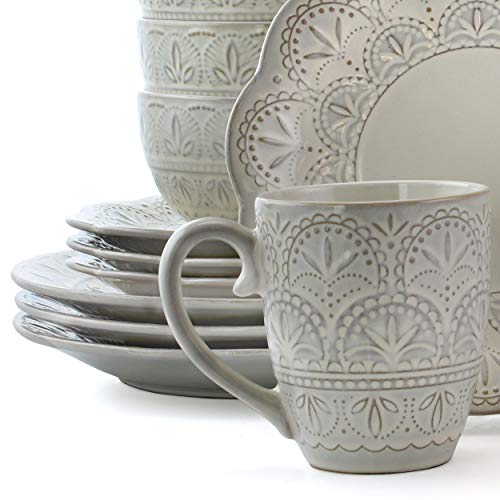 Elegant Round Embossed Stoneware High Class Dinnerware Dish Set, 16 Piece, White