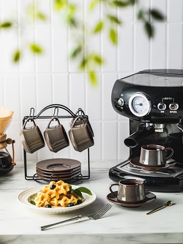 Espresso Cups 4 Oz, Porcelain Coffee Cups Set of 6 Espresso Cup with Saucers, Meatal Stand, and Stir Spoons, Brown Expresso