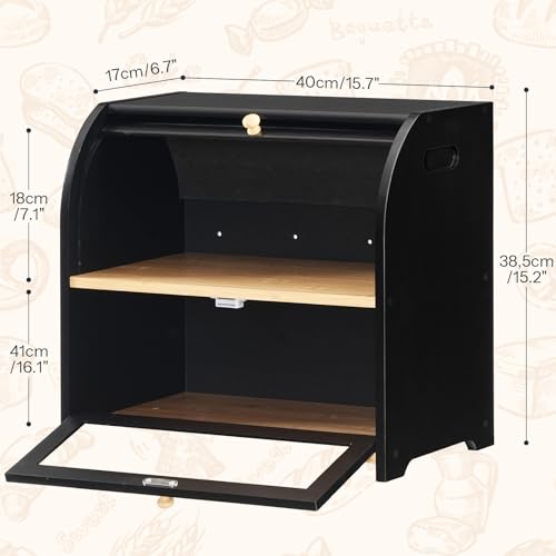 Bread Box, Bamboo Bread Box for Kitchen Countertop, 2 Tier Roll-Top Bread Bin, Food Storage Box, Large Capacity Keeper, Wooden