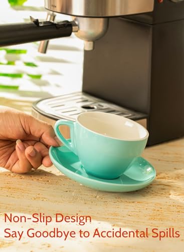 6 Ounce Cappuccino Cups with Saucers, Porcelain Double Espresso Cups Set of 6 - Hot Assorted Colors