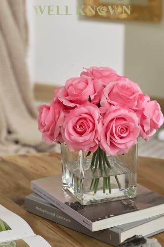 Rose Artificial Flowers in Vase with Faux Water, Silk Rose Table Centerpieces for Home Coffee Table Decor, Fake Roses Flower