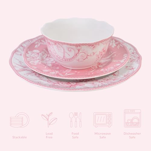 Adelaide Blush 12-Piece Pink Porcelain Dinnerware Set – Service for 4, Plate & Bowl Set, White with Pink Floral Pattern, for