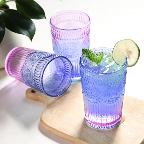 6pcs Vintage Drinking Glasses Set, 12 oz Glass Cups, Embossed Ribbed Glassware Drinking Glasses for Cocktail, Water, Juice,