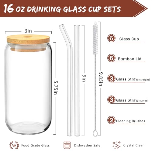 16 Oz Drinking Glasses with Bamboo Lids and Glass Straw - 6 Pcs Glass Cups Beer Ice Coffee Glasses Cute Aesthetic Cup Great for
