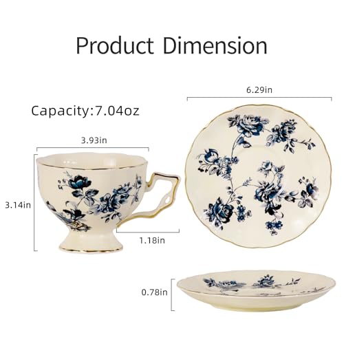 Tea Cups and Saucers Set of 2, Porcelain Coffee Cups, 6.8-Ounce Stackable Espresso Mugs, Ceramic Demitasse for Coffee, Latte,