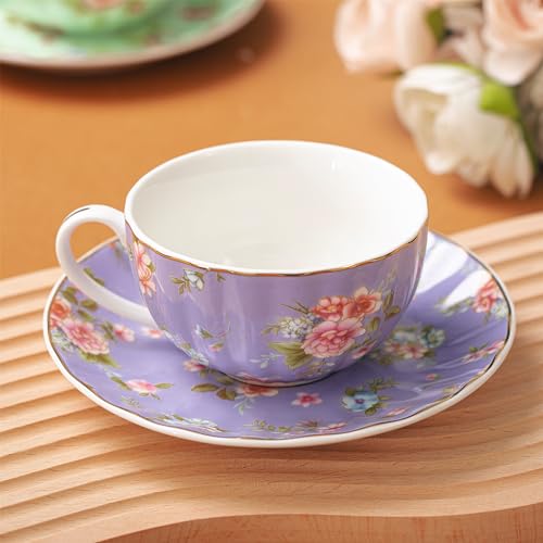 BTaT- Floral Tea Cups and Saucers Set of 6 (7 oz), Porcelain Tea Cups Set of 6, Pastel Bloom Design with Gold Trim, Dishwasher &
