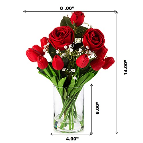 Red Silk Rose Fake Flowers with Vase, Mixed Real Touch Tulip Artificial Flowers in Glass Vase for Dining Table, Faux Flower
