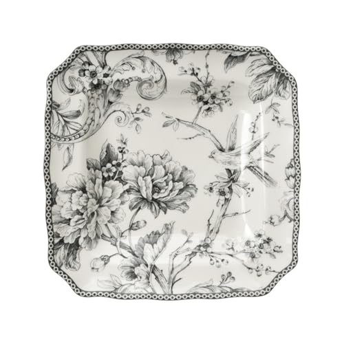Adelaide 16-Piece Square Floral Dinnerware Set – Service for 4, Grey & White Porcelain Plates & Bowls, for Everyday Dining &