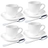 Porcelain Espresso Shot Cup Set with Saucers and Stainless Steel Spoons - 80 ml / 2.67 oz, Set of 4, White