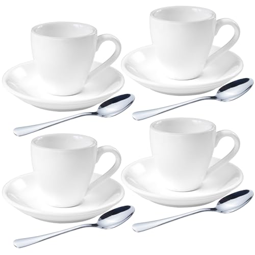 Porcelain Espresso Shot Cup Set with Saucers and Stainless Steel Spoons - 80 ml / 2.67 oz, Set of 4, White