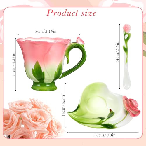 Flower Tea Cup and Saucer Set, 6 Oz Ceramic Rose Flower Coffee Cup with Spoon, Hand-Painted Cute Mug Gift for Women Birthday