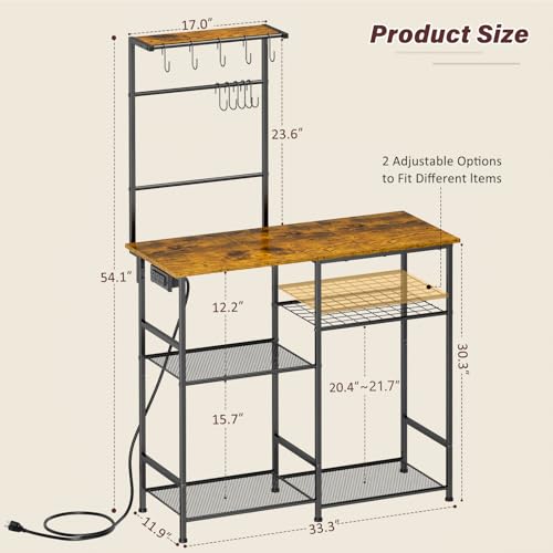 Bakers Rack with Power Outlet, Kitchen Microwave Stand with 10 S-shaped Hooks, 6-Tier Coffee Bar Station, Kitchen Storage Shelf