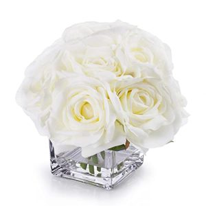 Rose Artificial Flowers in Vase, Fake Flowers Arrangements in Vase with Faux Water for Wedding, Dining Table (Cream)