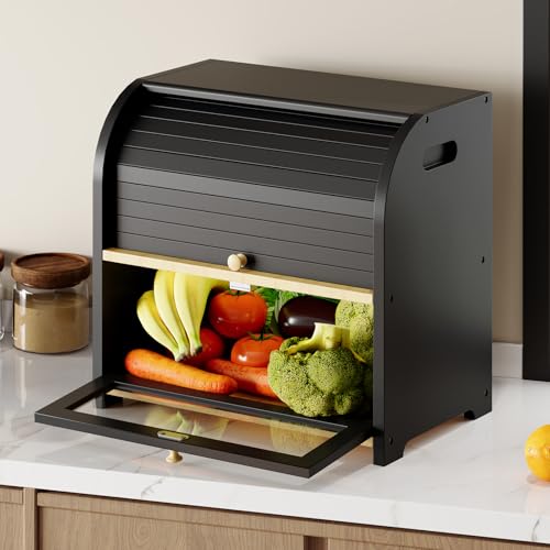 Bread Box, Bamboo Bread Box for Kitchen Countertop, 2 Tier Roll-Top Bread Bin, Food Storage Box, Large Capacity Keeper, Wooden