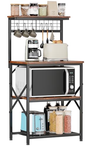 Kitchen Bakers Rack with Hutch, Coffee Bar Station 4 Tiers, Microwave Oven Stand with 6 S Hooks and Pegboard, Kitchen Microwave