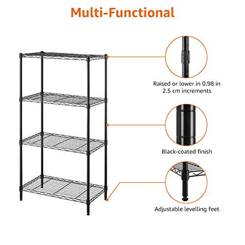 4-Shelf Steel Wire Storage Rack, Adjustable, Sturdy, Easy Assembly, 13.4 D x 23.2 W x 48 H in, Black