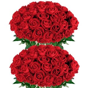 Red Roses Artificial Flowers 50 Pack in Bulk, Fake Roses Flowers Realistic Roses for Wedding Home Party Decoration Event Gift