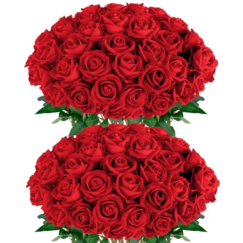 Red Roses Artificial Flowers 50 Pack in Bulk, Fake Roses Flowers Realistic Roses for Wedding Home Party Decoration Event Gift