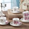 GY 12 PCS Tea Set - 7oz New Bone China tea Cups and Saucers with Pink Flower Pattern Porcelain Cups for Mocha Cappuccino Tea and