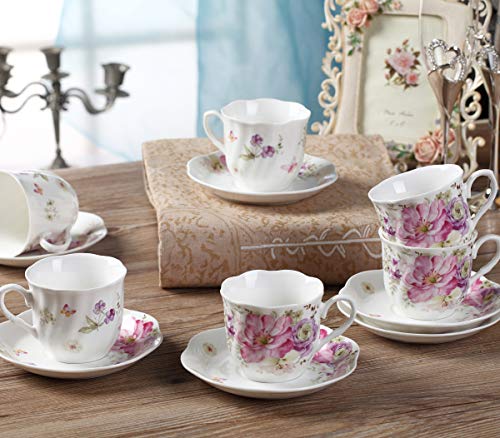 GY 12 PCS Tea Set - 7oz New Bone China tea Cups and Saucers with Pink Flower Pattern Porcelain Cups for Mocha Cappuccino Tea and