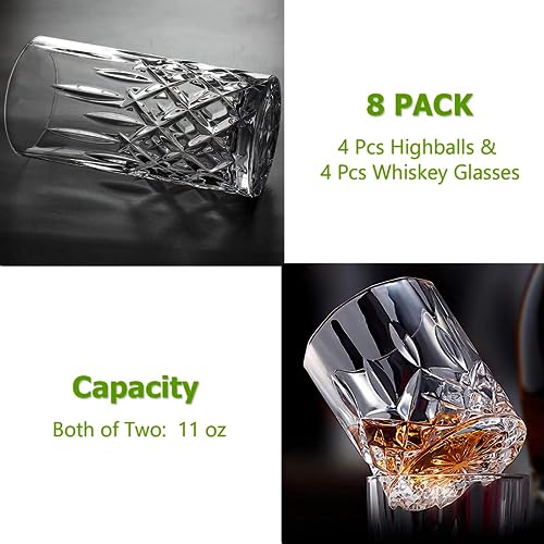Drinking Glasses, 8 Piece Crystal Glass Cups, Mixed Glassware Set, 4 pcs Crystal Old Fashioned 11oz Highballs and 4 pcs 11oz