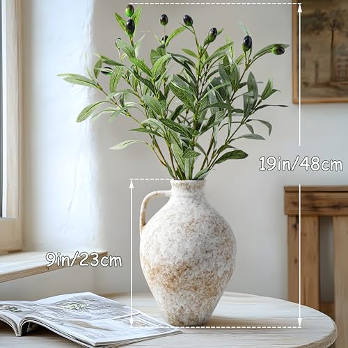Vintage Ceramic Vase with Fake Olive Branches, Farmhouse White Vase with 2Pcs Faux Olive Plant Greenery for Home Bedroom Living