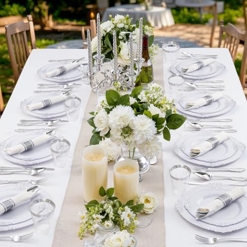 350PCS Silver Plastic Plates&Pre Rolled Napkins for 50 Guests - Plastic Dinnerware Sets 100Silver Disposable Plates, 150Silver