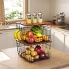 2 Pack Stackable Wire Basket with Wood Top, Pantry Organizer and Storage, Potato Basket Onion Storage for Kitchen Counter, Onion