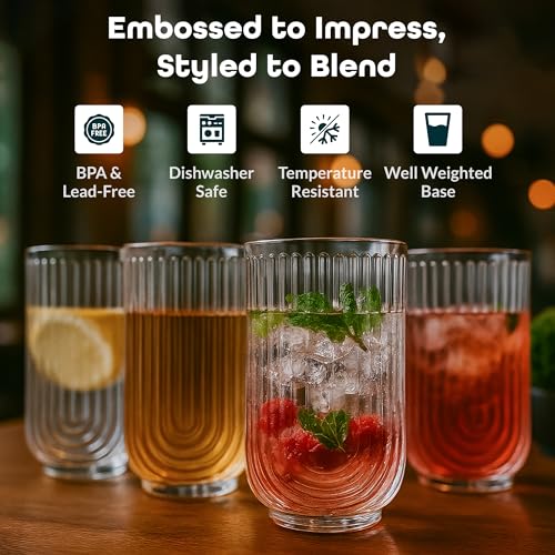 Drinking Glasses Set of 4. 17oz Vintage Ripple Cocktail Glasses, Ribbed Highball Glass Cups. Arch Designed Art Deco Glassware