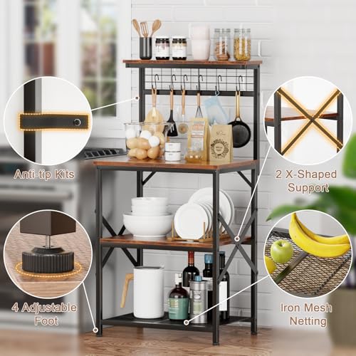 Kitchen Bakers Rack with Hutch, Coffee Bar Station 4 Tiers, Microwave Oven Stand with 6 S Hooks and Pegboard, Kitchen Microwave